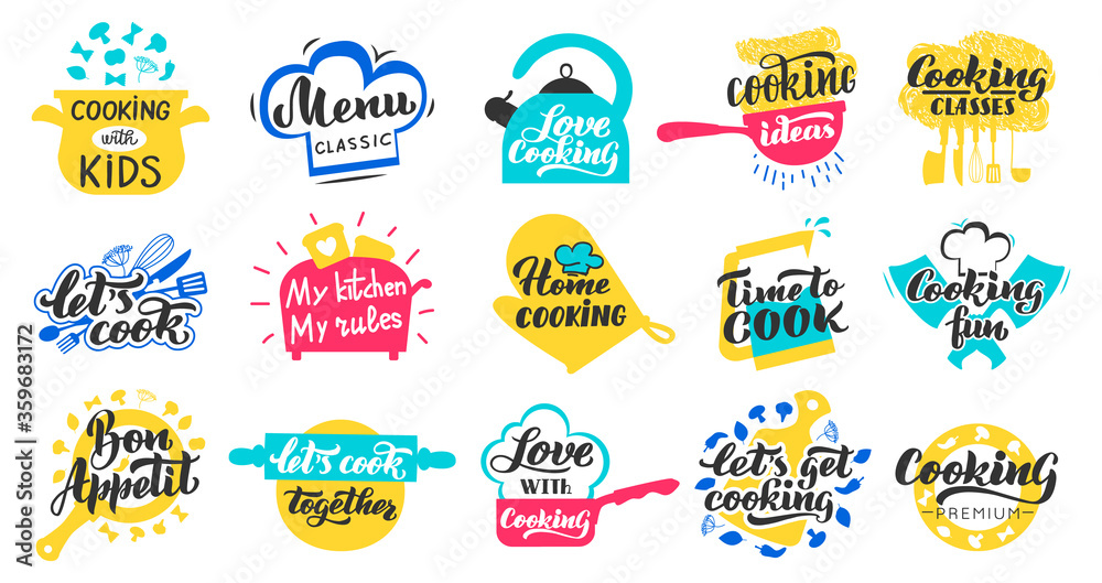 Naklejka premium Cooking lettering labels. Kitchen food lettering hand drawn badge, cooking recipes and restaurant menu stamp vector isolated icons set. Illustration cooking lettering, culinary quotation emblem