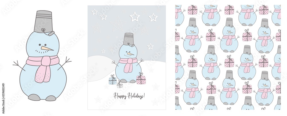 Cute snowman in a scarf illustration. Winter hand drawn cards and seamless pattern. snow. 2021. Happy holidays. Christmas and New Year..