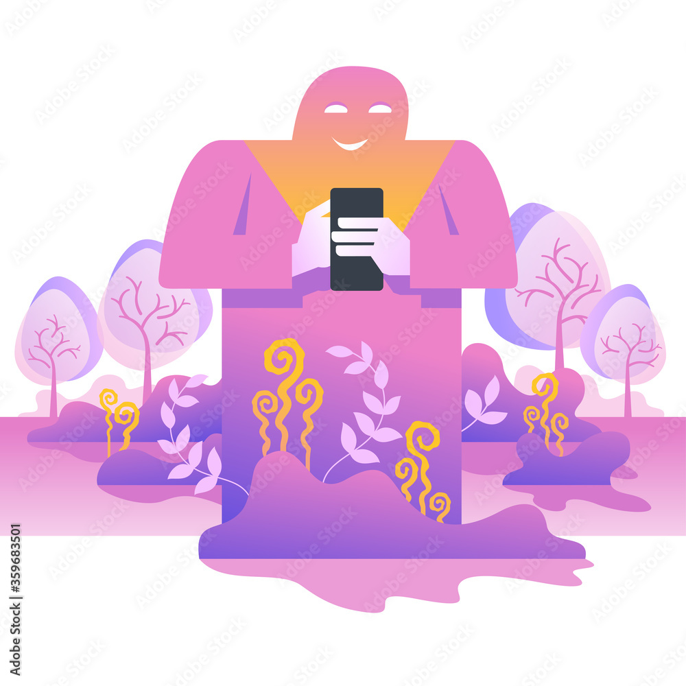Phone app smart technology - happy man looking at smartphone screen and smiling - creative modern abstract illustration Phone app smart technology - happy man looking at smartphone screen and smiling - creative modern abstract illustration