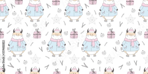 Fototapeta Naklejka Na Ścianę i Meble -  New Year pattern with a bull. Ox symbol of 2021. Funny ox illustration. Wrapping paper, christmas textile design..