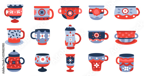 Ceramic cups. Kitchen porcelain cup, crockery ceramics mug, tableware colorful cup collection isolated vector illustration icons set. Earthenware and faience, handmade vintage crockery