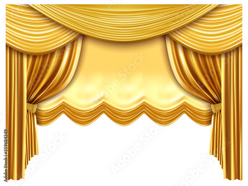 Golden stage curtain. Realistic silk curtains, luxury opera scene backdrop, gold opera, theater scene portiere drapes vector illustration. Opera and concert premiere, fabric velvet