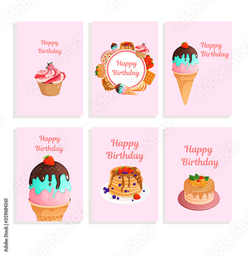 Set of happy birthday greeting cards on a pink background. A4 format greeting card set templates. Vector illustration text can be added. Cake, cupcake, ice cream, pancakes, strawberries, raspberries.