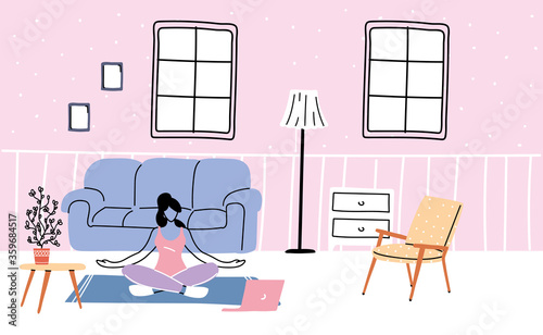 stay home, young woman doing yoga, isolation and social distancing