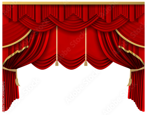 Retro red stage curtain. Realistic luxury silk curtains  theater scene interior drapery decoration  portiere drapes isolated vector illustration. Premiere ceremony  cinema portiere entertainment