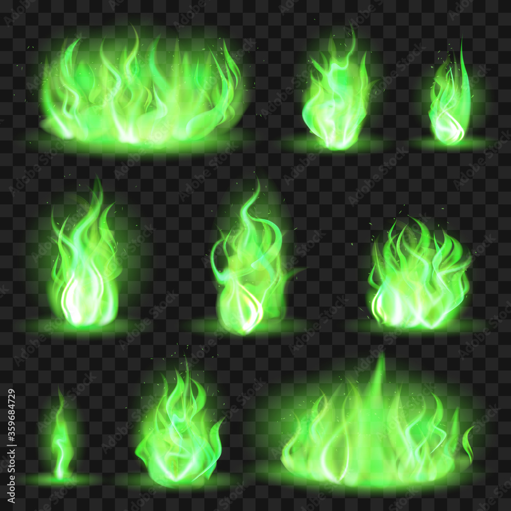 Realistic coloured fire. Green fiery blaze, magic game flaming flame, color  burning spurts of flame vector illustration icons set. Green toxic burning,  game blaze coloured collection Векторный объект Stock | Adobe Stock