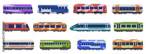 Subway passenger trains. High speed trains, metro ground, underground transport. Passenger transportation vehicles vector illustration icons set. Subway public van, tram metro, urban electric railway