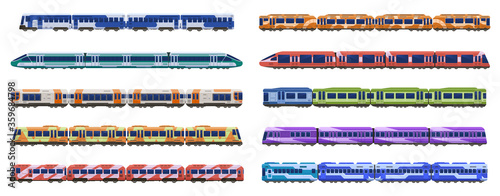 Train carriage. Passenger railroad trains, modern subway high speed trains, urban transportation isolated vector illustration icons set. Various tram and public row wagon, train carriage