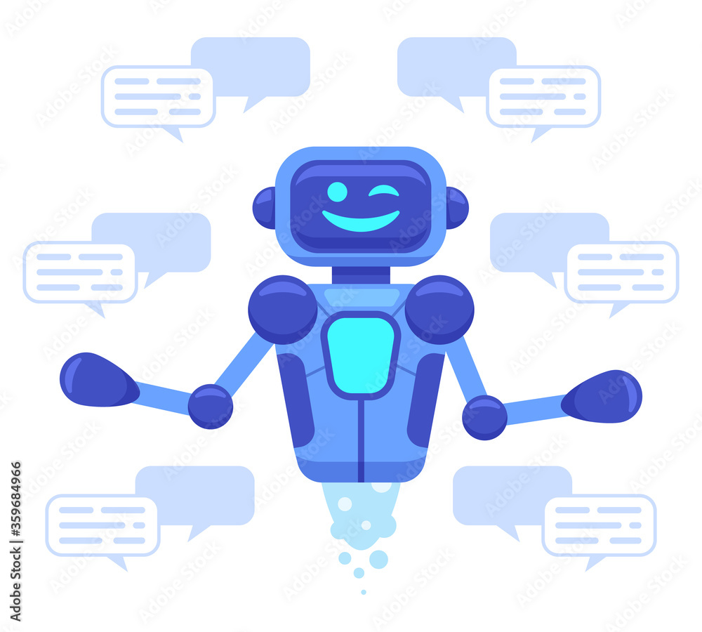 Chat bot support. Chat bot assistant online conversation, robots support chatting, virtual assistant talk service isolated vector illustration. Ai assistance, robotic conversation service and support Chat bot support. Chat bot assistant online conversation, robots support chatting, virtual assistant talk service isolated vector illustration. Ai assistance, robotic conversation service and support