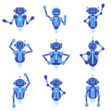 Chat bot assistance. Robotics technology chat bots, robotic digital assistant, futuristic android chat bots characters, vector illustration set. Robot and cyber, support service virtual, mobile ai