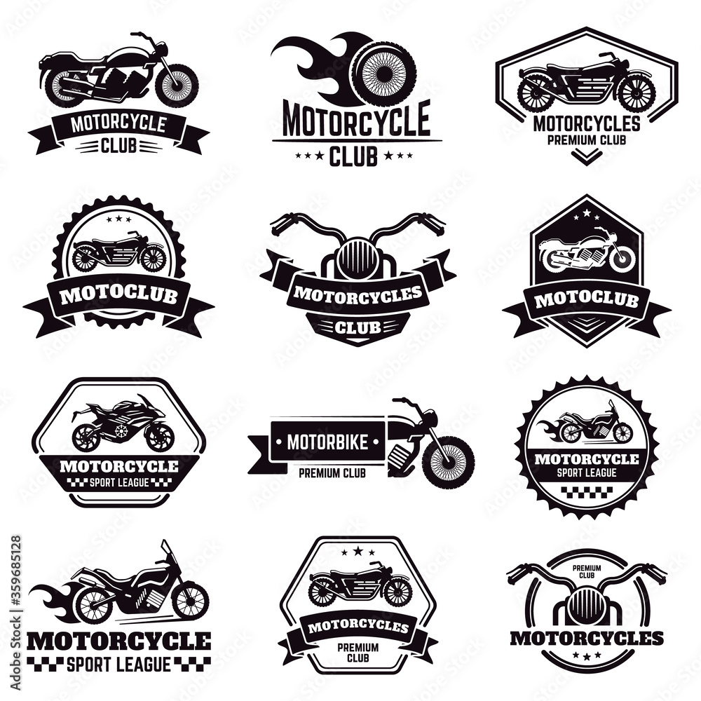 Retro motorcycle emblems. Biker club motorcycle badges, bike stamp, motorbike wheel wings emblem, motorcycle labels vector illustration icons set. Motorcycle logo and emblem, badge motor shop