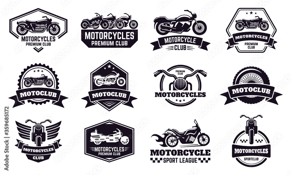 Motorbike badges. Retro motorcycle bike club emblems, racing and motorbike custom stamp, motorcycle rider emblems vector illustration icons set. Motorcycle racer badge, motorbike league