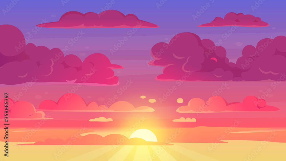 Cartoon sunset sky. Gradient violet and yellow sky clouds landscape, evening sunset heaven panorama vector background illustration. Sunset sky cartoon, sun scene sunrise