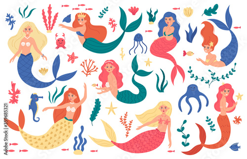 Cute mermaids. Princess mermaid characters, hand drawn magic fairy underwater, marine life, mermaid girls and sea elements vector illustration set. Princess mermaid character, cute girl underwater