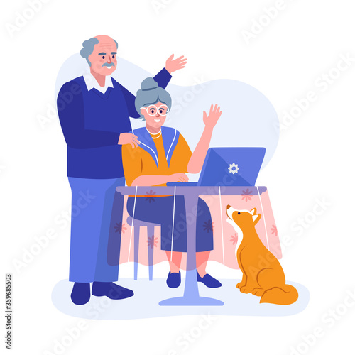 An elderly couple using a laptop and waving. Vector illustration in flat design