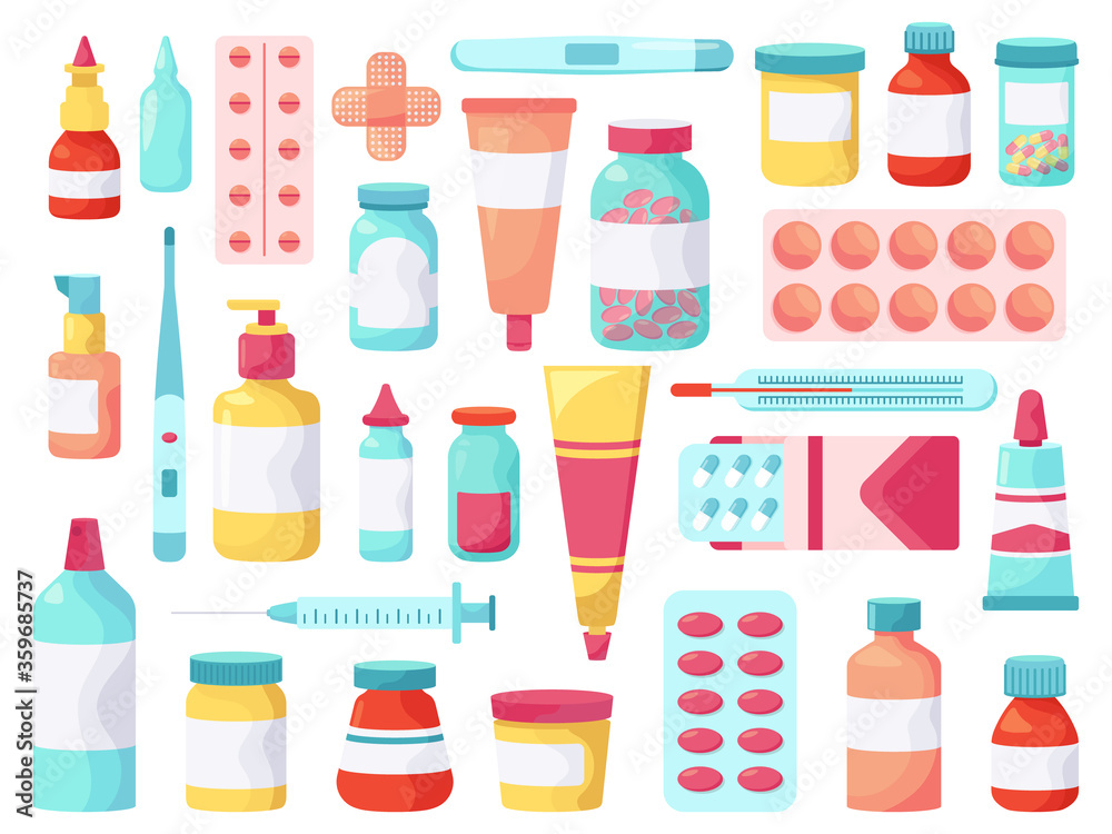 Medical pills. Pharmacy antibiotic pills, drugs and painkiller treatments, first aid kit pharmacology blister packs vector illustration icons set. Packing supplement, patch and needle for drugstore