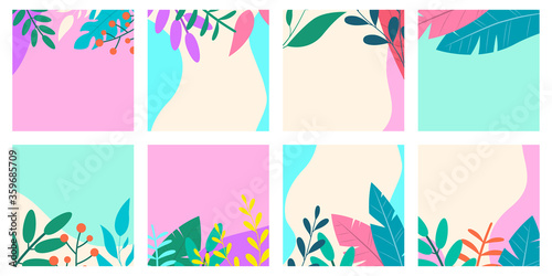Social media post frame background with leaves or plants. Floral backdrops set. Spring and summer cover, poster, banner, card or flyer template. Vector illustration.