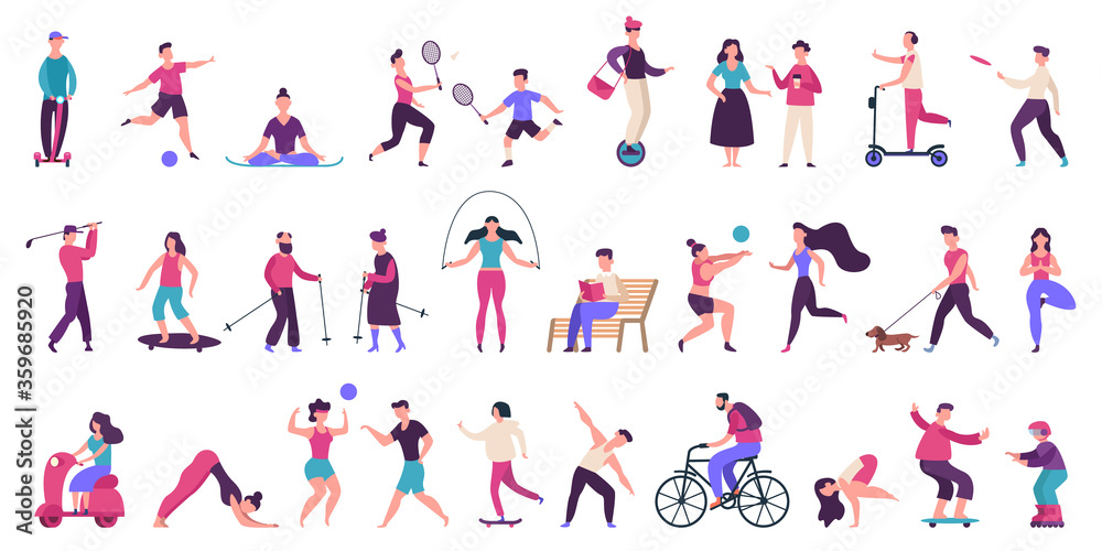 People outdoor activities. Active, healthy lifestyle, jogging, running, roller skates, bicycle and rollerblading vector illustration icons set. People activity outdoor, yoga volleyball and golf