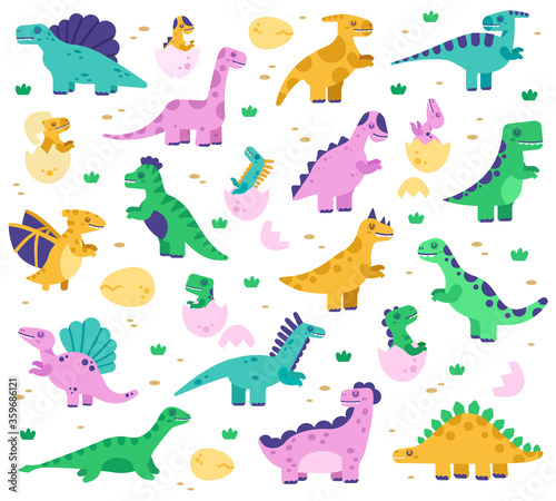 Hand drawn dinosaurs. Cute dino baby in eggs, jurassic era dinosaur characters, diplodocus and tyrannosaurus vector isolated illustration set. Diplodocus and dinosaur reptile colored for kids