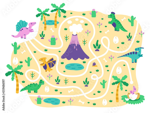 Dinosaurs kids maze. Dino mom find eggs childrens game, cute doodle dino educational jurassic park maze puzzle game, isolated vector illustration. Dinosaur in labyrinth and maze path for play