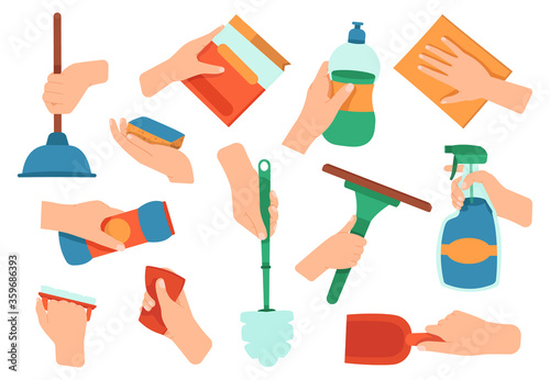 Hands holding detergent. Cleaning disinfection housework supplies in hands, kitchen and bath washing equipment vector illustration icons set. Detergent household, work and holding cleaning equipment