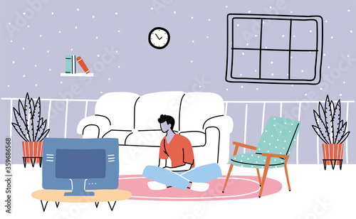 man watching TV, spending time on isolation and quarantine