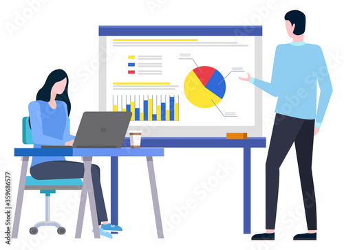 Woman sitting at desktop with laptop and coffee, manager presenting diagram report or scheme. Workers characters on workplace, teamwork strategy vector