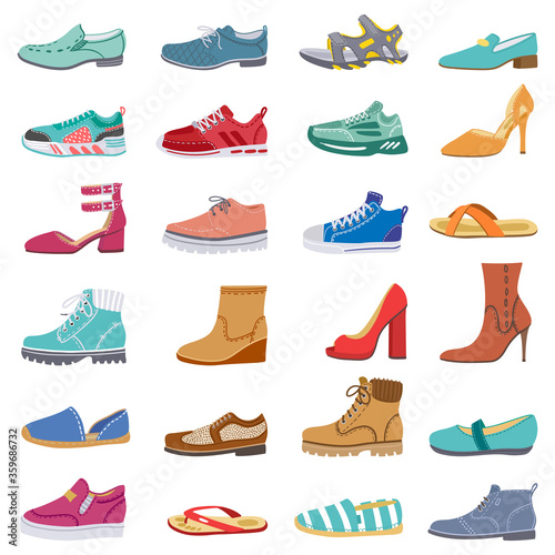 Footwear collection. Male and female shoes, sneakers, flat and boots, trendy winter, spring shoes, elegant footwear vector illustration icons set. Female footwear and sneakers, foot shoes fashionable