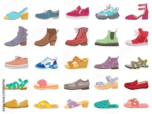 Boots and shoes. Modern elegant female, male and childrens footwear, sneakers, sandals, boots for winter and spring vector illustration icons set. Sneakers and boots, model, childrens slippers