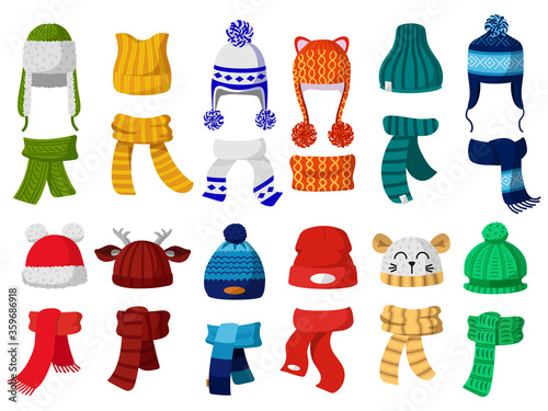 Winter hats. Kids knitting autumn headwear, hats and scarf, cold weather children accessories isolated vector illustration icons set. Child knitted scarf, accessory headwear, autumn childish garment photo