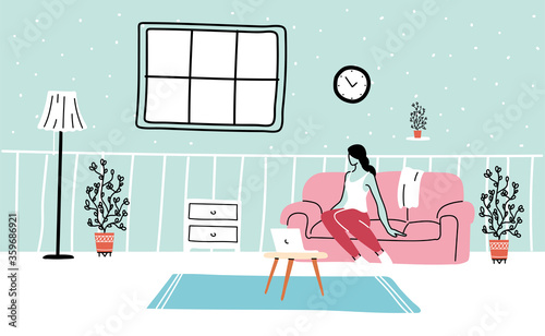 stay home, young woman working on laptop computer at home, Freelance, work at home, isolation and social distancing