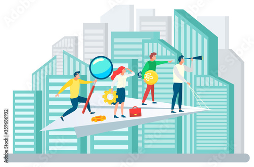 People working together vector, cityscape with team on paper plane. Leader and workers with tools, cogwheel and magnifying glass, briefcase and bulb. People following leader. Team business strategy