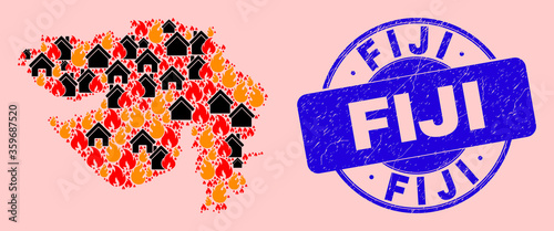 Fire hazard and realty collage Gujarat State map and Fiji rubber stamp print. Vector collage Gujarat State map is formed of scattered burning homes.