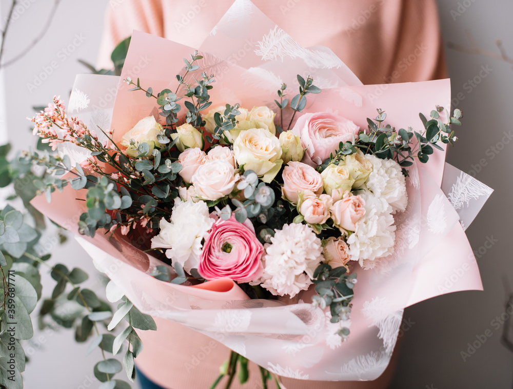 Beautiful Woman Holding Flower Bouquet Roses Carnations Stock