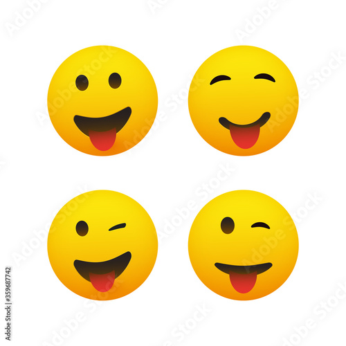 Set of Smiling and Winking Emoticons with Stuck Out Tongue - Simple Shiny Happy Emoticon Clip-Art, Isolated on White Background - Vector Design