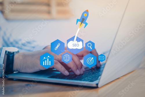 SEO Search Engine Optimization concept with laptop computer. ranking traffic on website
