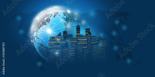 Smart City, Cloud Computing Design Concept with Wireframe and World Map - Digital Network Connections, Technology Background
