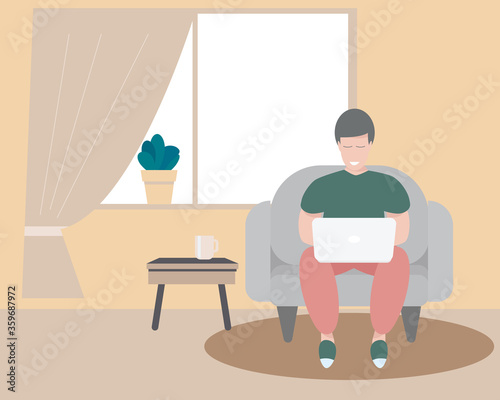 Man working or studying at home and using laptop during quarantine.