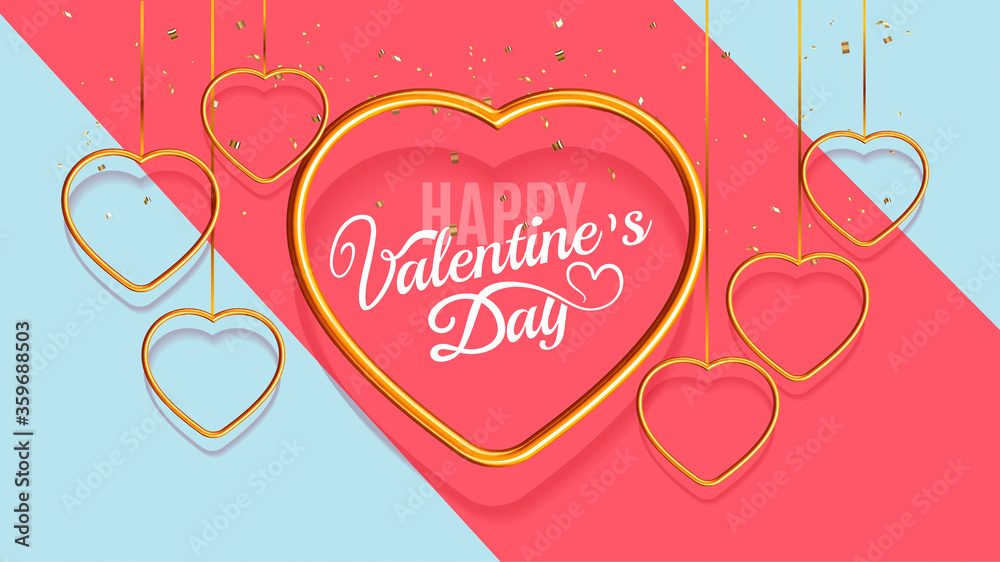 Happy Valentine's Day background. Romantic composition with golden hanging on hearts in blue and pink background . Vector illustration for website , posters,ads, coupons, promotional material