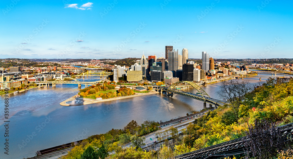 Panorama of Downtown Pittsburgh, known as the Golden Triangle. Pennsylvania, USA