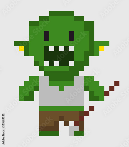 Pixel character vector, zombie with weapon, isolated green troll with scary look and angry face, frightening man villain of game, pixelated personage