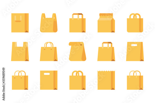 Shopping bag and Paper bag related color flat icon set. Paper market bag colorful flat icons. Grocery bag vector signs and symbols collection.