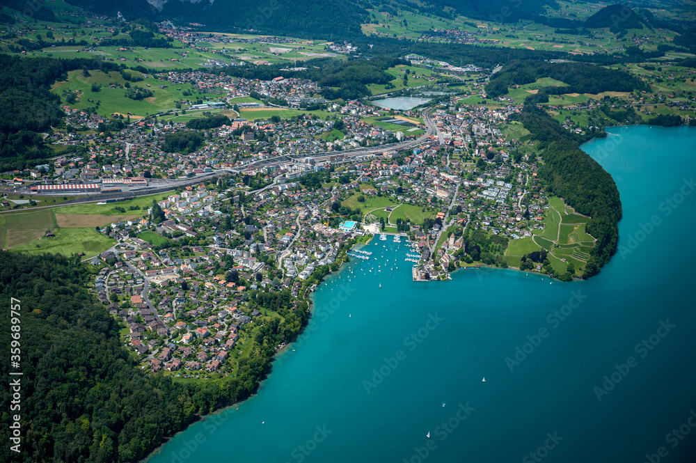 Spiez with Spiez Castle seen from the helicopter