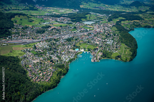 Spiez with Spiez Castle seen from the helicopter