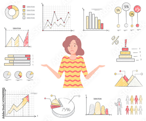Novice in data analysis vector, female character with charts and diagrams flat style. Woman with confused face, stats and information puzzled personage