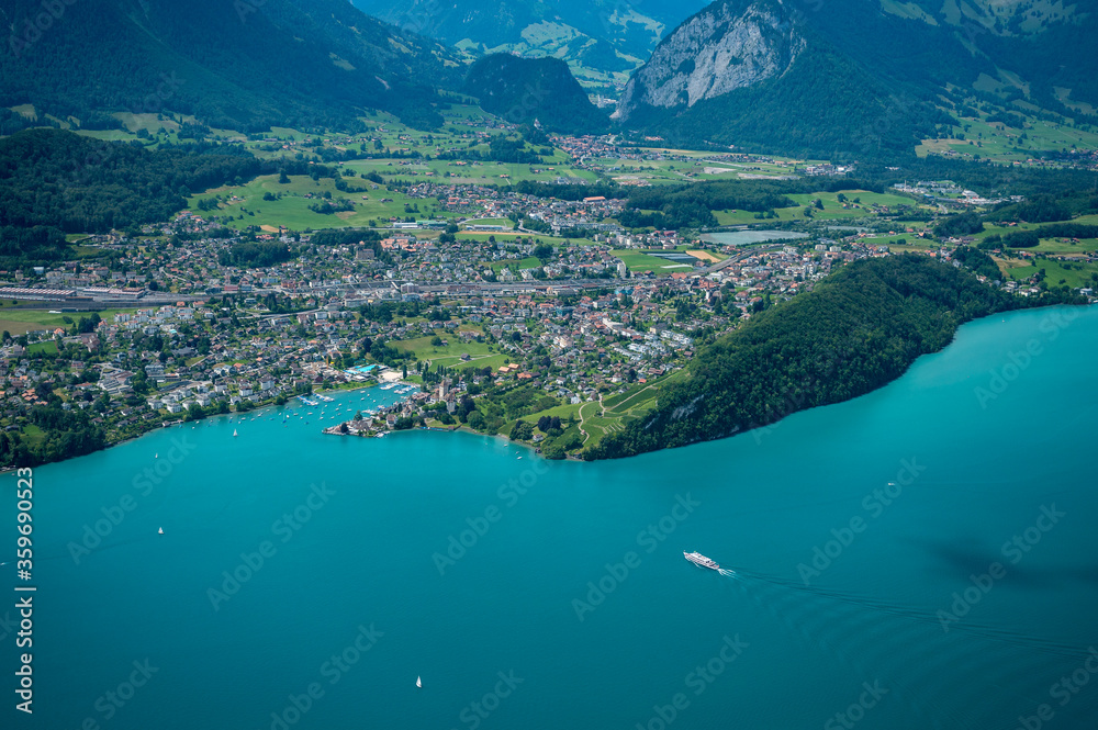 Obraz premium aerial view of the Bay of Spiez, Lake Thun and a course ship