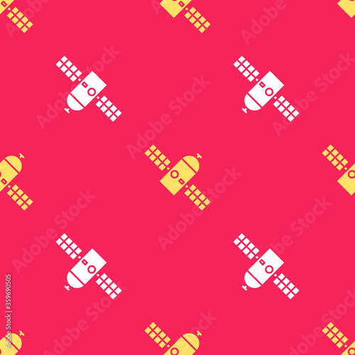 Yellow Satellite icon isolated seamless pattern on red background. Vector Illustration.
