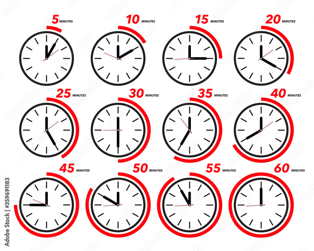 Vektorová grafika „Flat Design Vector Analog Clock Set with Time Symbol  from Five to Sixty Minutes Isolated on White Background“ ze služby Stock |  Adobe Stock