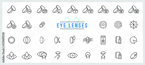 Simple Set of Eye Lens Related Vector Line Icons. Contains such Icons as Use time, Protection Container, Astigmatics, Lenses type, Solution and more. Editable stroke.
