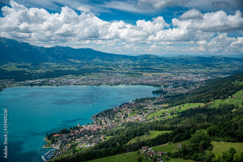 aerial view of Thun and Lake Thun seen from the Helicopter